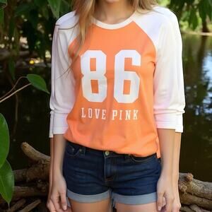 PINK Victoria's Secret NWOT Orange and white 3/4 Sleeve Campus Tee Shirt XS